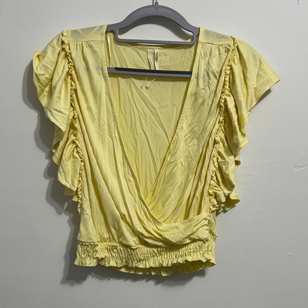 Anthropologie Yellow Ruffled Wrapish Flutter Sleeve Crop Top or Dress Topper
